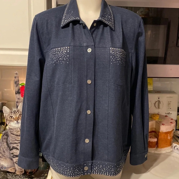 L womens Alfred Dunner blue stretch snap up long sleeve plus size jacket 16. - Picture 1 of 5